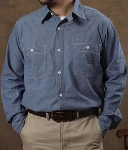 Non Stock Men's Long-Sleeve Chambray Shirt Blue Button Down Pocket Work Shirt L - Picture 1 of 17