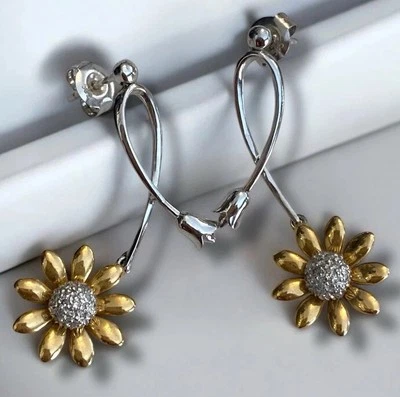Designer Sonia B 14k Two Tone Gold Diamond SUNFLOWER 1.5” Long Dangle Earrings! — 第 1/4 张图片