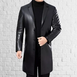 New Black Lambskin Genuine Leather Coat For Men Button, Collared and Pockets - Picture 1 of 4
