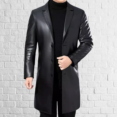 New Black Lambskin Genuine Leather Coat For Men Button, Collared and Pockets - Image 1 of 4