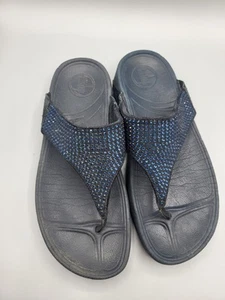 FitFlop Lulu Crystal Embellished Toe-Post Sandals Wedge Black Women's Size 7 - Picture 1 of 7