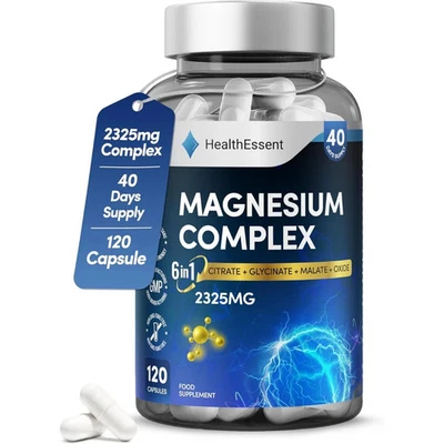 HEALTHESSENT Magnesium Complex 6-in-1 2325mg Citrate Glycinate Malate Oxide – 120 Capsules