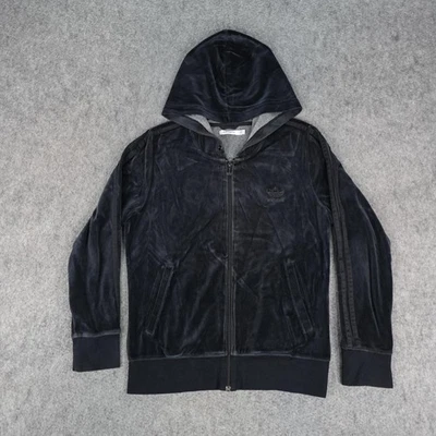 Adidas Hoodie Jacket Womens Large Black Velour Trefoil Full Zip Jacket Retro Y2K - Image 1 of 4