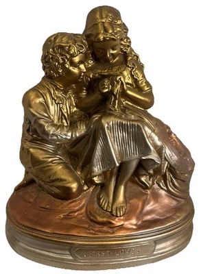 Estatua de cerámica vintage del primer amor de niño y niña de 14" de alto color dorado ~ Foto 1 de 4
