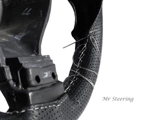 BLACK PERFORATED LEATHER STEERING WHEEL COVER FOR MITSUBISHI EVO X WHITE STITCH - Picture 1 of 5