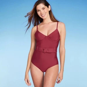 Traje de baño de una pieza Shade & Shore con aros y cinturón para mujer grande rojo - Imagen 1 de 11