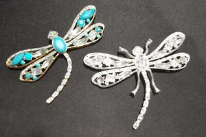 VTG Artsy Dragonfly Large Dress Coat 3.5" Brooches Crystal Rhinestone Blue Beads - Picture 1 of 10