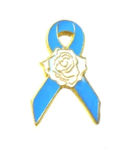 Light Blue Ribbon Pin White Rose Hope Prostate Cancer Gold Plated Lapel Tac New - Picture 1 of 8