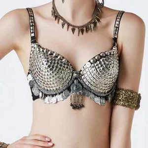 Silver Chain Metallic Studs Bra Coins Bra Dance Tops Tribal Belly Dance Bra - Picture 1 of 14