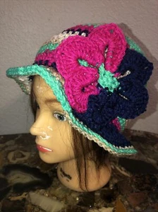 BLUE TURQUOIS PINK Spring SUMMER WINTER CLOCHE CAP FLAPPER HAT HAND CROCHET new - Picture 1 of 6