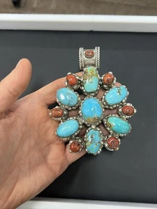 Antique Tibetan Sterling Silver Turquoise & Coral Pendant ( 3" Dia. )( 167.3g ) - Picture 1 of 10
