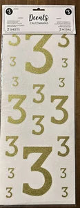 Amscan Decals # 3. 2 Sheets With Gold Glitter. 36 Total #3’s. New In Packaging - Picture 1 of 4