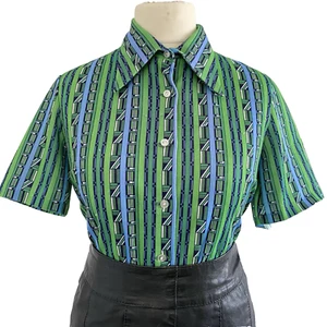 Vintage 1970s Short Sleeve Shirt Green Blue Abstract Geometric MOD Top 16 Faulty - Picture 1 of 11
