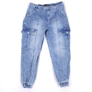 Fashion Nova Cargo Jeans 14 Plus Light Blue Denim Joggers Elastic Waist Utility - Picture 1 of 10