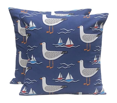 2 x Fryetts Gull Seaside Boats Seagulls Navy  Red Cushion Covers 16” 18” 20” 22” - Image 1 of 3