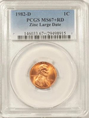 1982-D LINCOLN CENT, ZINC LARGE DATE - PCGS MS-67+ RD - Image 1 of 3