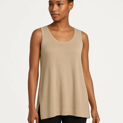 Top metálico Lafayette 148 New York de lino sin mangas con cuello redondo en beige-medio Foto 1 de 4