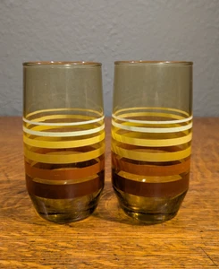 Vintage Anchor Hocking 70’s Striped Amber Tumblers Retro Amber Gläser 2er Set - Bild 1 von 7