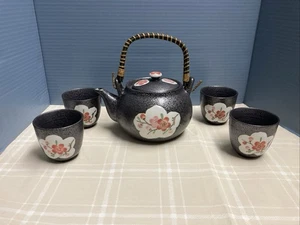 7 Piece Japanese Tea Set With Defuser Ceramic Charcoal Gray With Cherry Blossoms - Picture 1 of 16