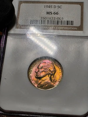 1945 D 5C Jefferson War Nickel NGC MS66 Rainbow Toned Monster Toning & Luster - Image 1 of 4
