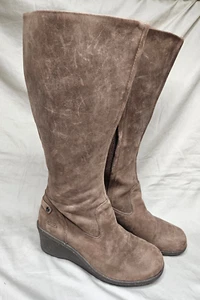Keen Knee High Riding Boots Womens Size 10 Taupe Brown Leather Suede Wedge Heel - Picture 1 of 10