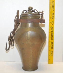 Antique 19th century Handwrought Brass Canteen Water Jar w/ Lid & Chain - Picture 1 of 10