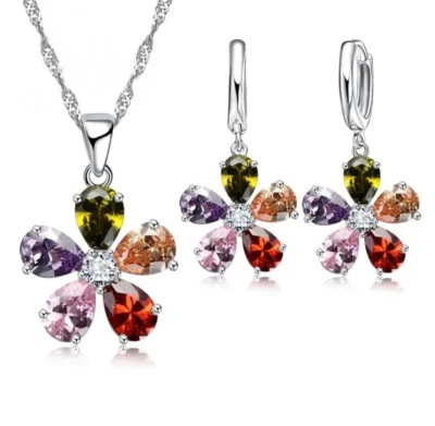 Schmuckset Kette Anhänger Ohrringe Strass Blume 925 Silber bunt  Zirkon 37-1637 - Bild 1 von 4