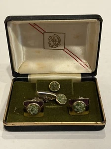 Genuine Jade Chips CuffLinks Tie Tack & Tie Bar Set - Picture 1 of 7