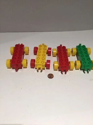 Set of 4 Lego Duplo Train Cars Vehicle Base 2x6 Chassis Red Green Yellow Base - Image 1 of 4
