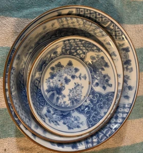 Andrea By Sadek Nesting Japanese Floral  Blue & White Inside Bowls Set Of 3 - Picture 1 of 7