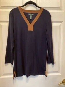 Lauren Ralph Lauren navy and brown seude trim size Large women’s 3/4 sleeve - Picture 1 of 5