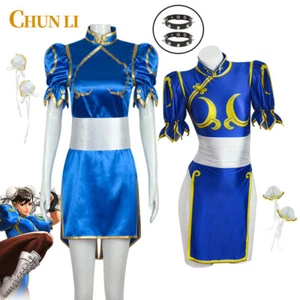 Street Fighter Chun-Li Cosplay Costume Qipao Sexy Outfit w/ Bracelets Headpiece - Picture 1 of 14