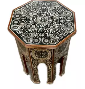 Handmade Wooden End Table Carving Wood Table Home Decor Mother of Pearl Inlay - Picture 1 of 13