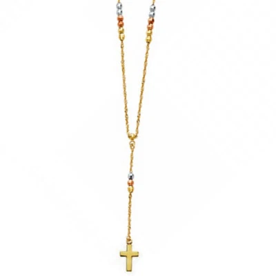 14K Tri Color Gold Cross Rosary Chain Necklace Rosario de Oro 2.5mm - Image 1 of 3