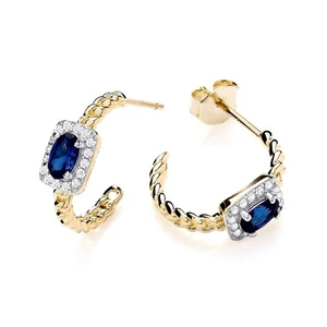 9ct Gold on Silver simulated Sapphire & CZ Crystal Halo Huggie Cuff Earrings - Picture 1 of 6