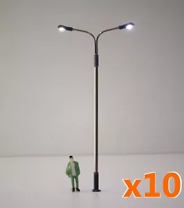 S302# 10 Lampadaires courbe double HO à LED éclairage blanc - modélisme train - Bild 1 von 3