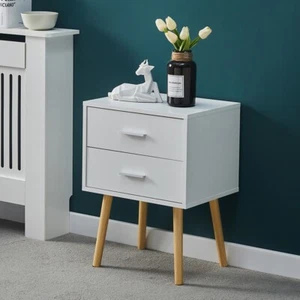 Weißer Nachttisch 2 Schubladen Nachttisch Schrank Holz Beine Beistelltisch - Bild 1 von 11