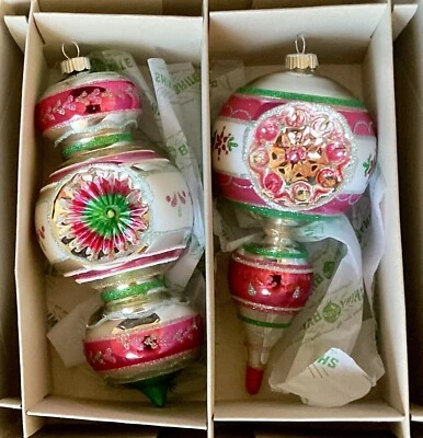 CHRISTOPHER RADKO 2 EXTRA LARGE Shiny Brite Christmas Finial Indent Ornaments Radko 7”