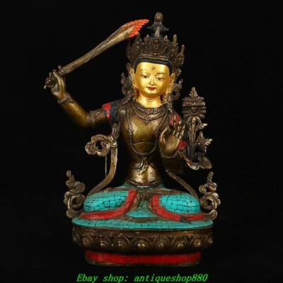 13.3''Old Nepal Bronze Gilt Painting Turquoise Wenshu Manjushri Kwan-yin Statue - Image 1 of 4
