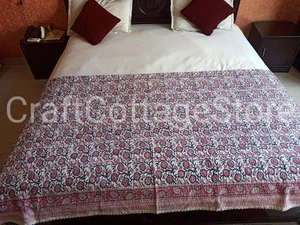 Unique Indian Kantha Hand Block Print Handmade King Size Bedspread Quilt pink - Picture 1 of 19