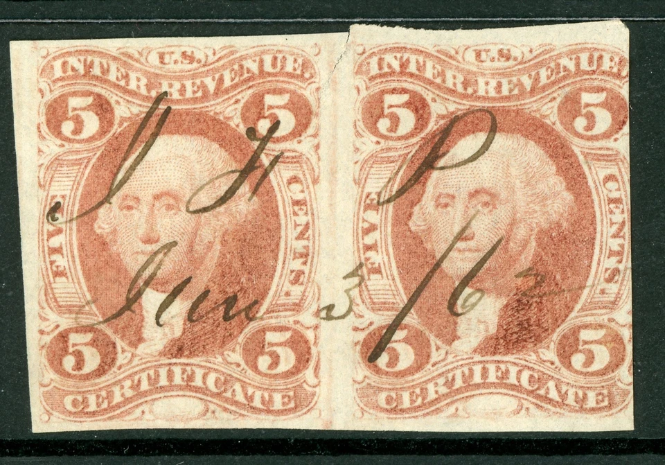 USA 1862 Washington 5¢ Revenue Pair Imperf 1st Issue  Sc R24a VFU D698 - Image 1 of 4