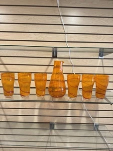 Vintage Hand Blown Art Swrill Glass Orange Pitcher Set - Picture 1 of 4