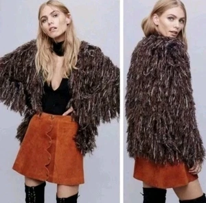 NEW Free People Fauthful Brown Shaggy Cardigan Womans Sz S Oversized Wool Blend - Picture 1 of 11