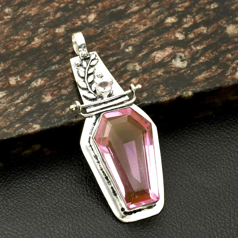 Pink Topaz Gemstone Handmade Leaf Pendant Jewelry For Christmas 3.2" AP-15239 - Image 1 of 1