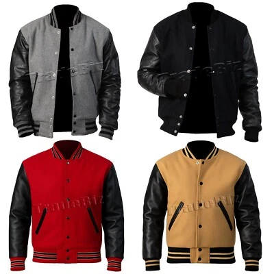 Men's Varsity Bomber Jacket Baseball Letterman College Wool Body Leather Sleeves - Image 1 of 2