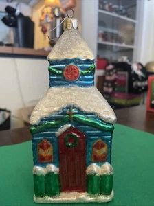 Vtg Glass Church Ornament Best Santa  Snowy 7” Glitter Christmas Hand Crafted - Picture 1 of 24