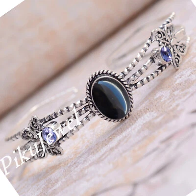 Bracciale in argento sterling 925 con pietre preziose taglio onice nero e ame... - Immagine 1 di 4