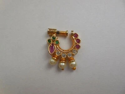 Pearls Nose Ring Ethnic Nath Bridal Non Pierced Stud Nostril Nose Screw Hoop - Image 1 of 4