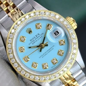 Rolex Datejust Womens Watch 18KY Gold & SS 69173 Baby Blue Diamond Dial & Bezel - Picture 1 of 19