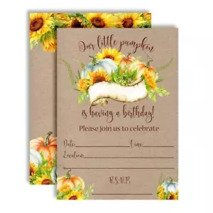 Watercolor Pumpkins & Sunflowers Birthday Party Invitations 20 5x7 Fill In Ca... - Picture 1 of 6